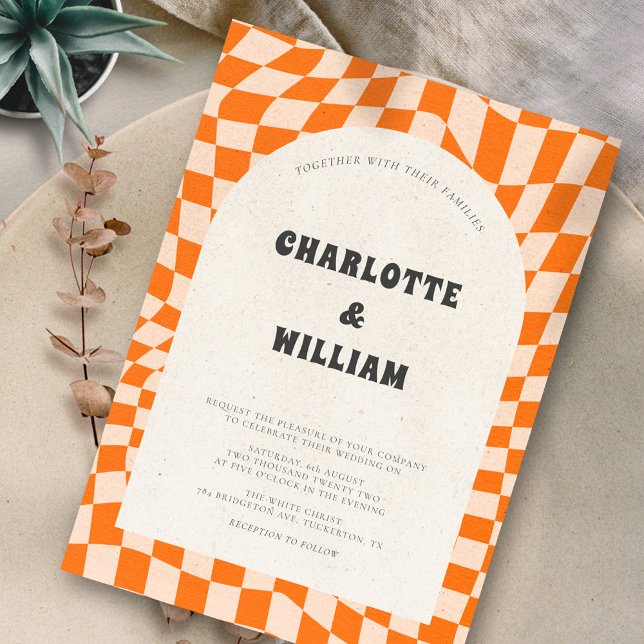 Orange Trendy Abstract Boho Retro Wedding Invitation (Creator Uploaded)