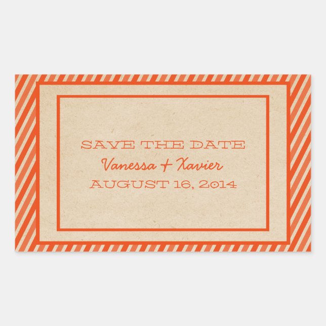 Orange Trendy Stripes Save the Date Stickers (Front)