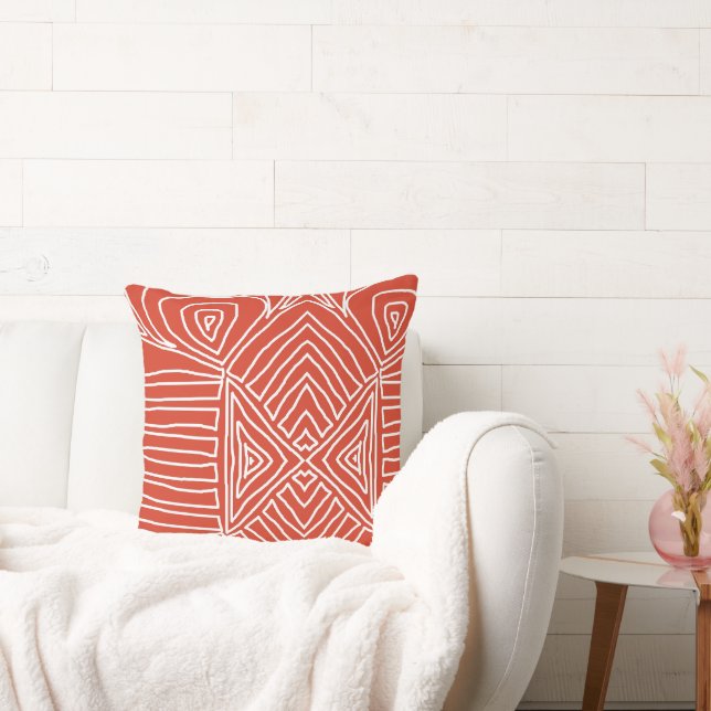 orange Tribal Maze Mud Cloth Pattern African Throw Pillow (Couch)
