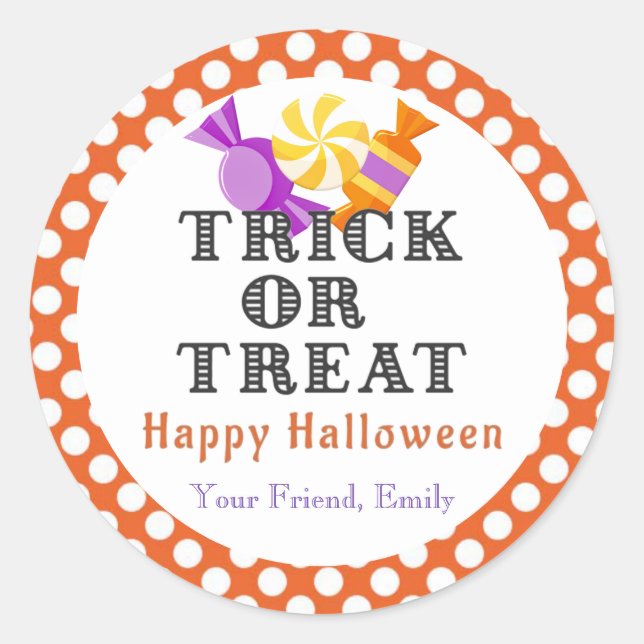 Orange Trick or Treat Halloween Candy Party Favors Classic Round Sticker (Front)