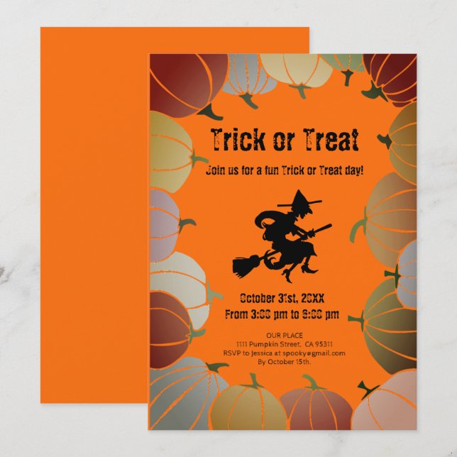 Orange Trick or Treat Spooky Flying Witch Pumpkins Holiday Card (Front/Back)