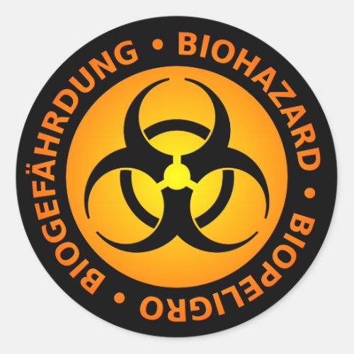 Orange Trilingual Biohazard Warning Classic Round Sticker