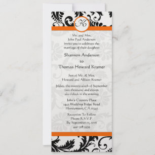 Orange Trim Black and White Damask Wedding Invite