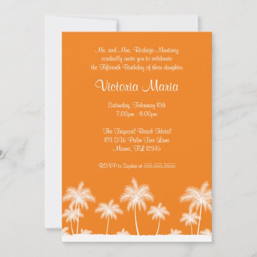 Orange Tropical Beach Palm Tree Quinceanera Party Invitation