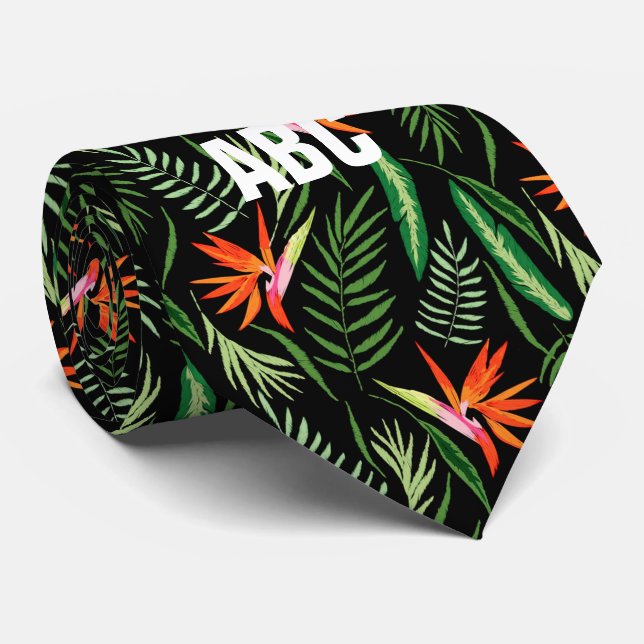 ORANGE TROPICAL BIRD OF PARADISE WITH FERNS NECK TIE (Rolled)