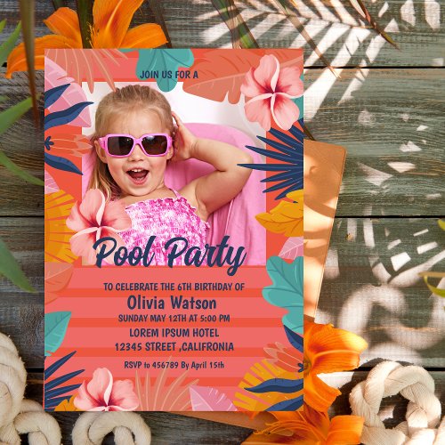 Orange Tropical Floral Aloha Luau Birthday Photo Invitation