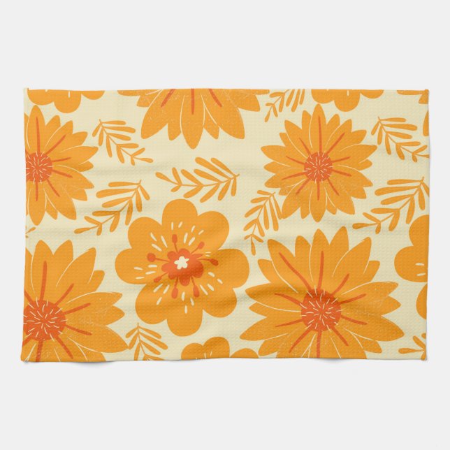 Orange Tropical Floral Botanical Spring Summer Kitchen Towel (Horizontal)