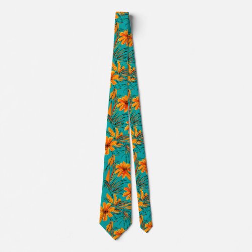 Orange Tropical Flowers  Turquoise Neck Tie