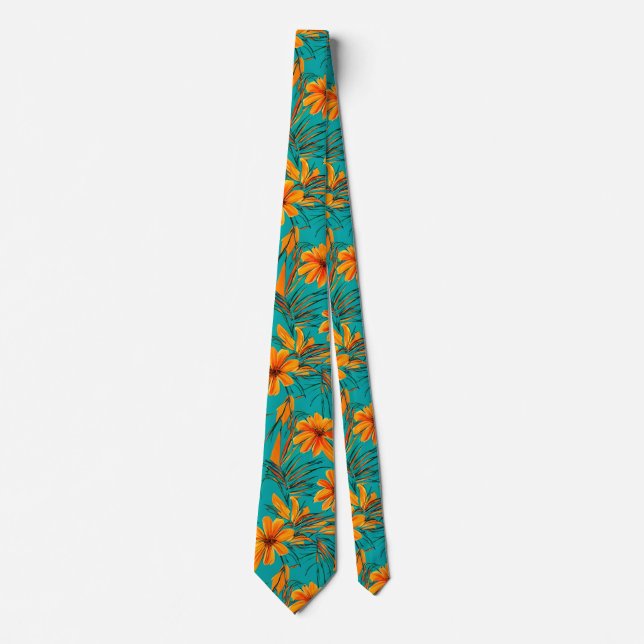 Orange Tropical Flowers | Turquoise Neck Tie (Front)