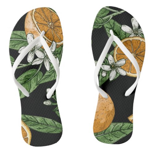 Orange Tropical Fruit Pattern Black Flip Flops