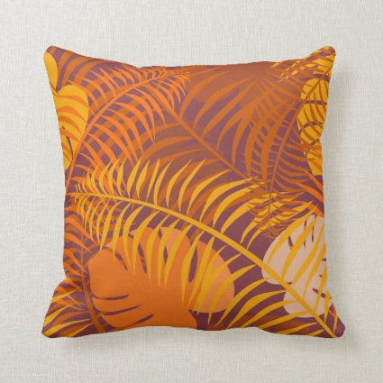 Orange Tropical Palm Leaf Pattern on Red Throw Pillow