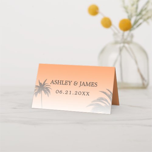 Orange Tropical Palm Tree Beach Wedding Place Card