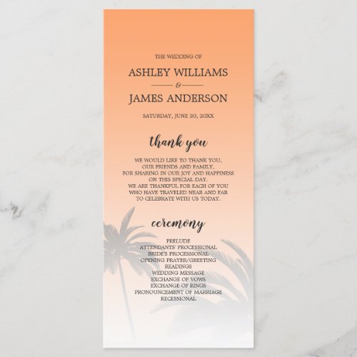 Orange Tropical Palm Tree Beach Wedding Program