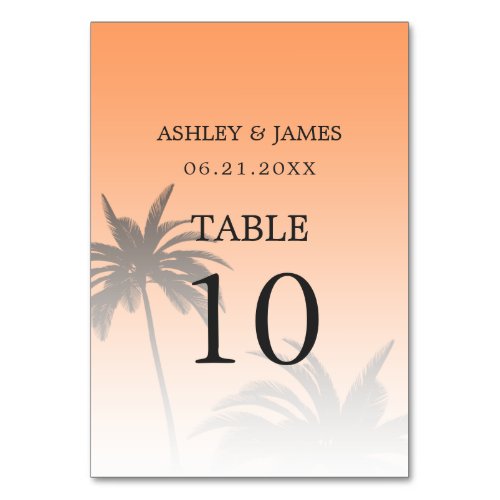 Orange Tropical Palm Tree Beach Wedding Table Number