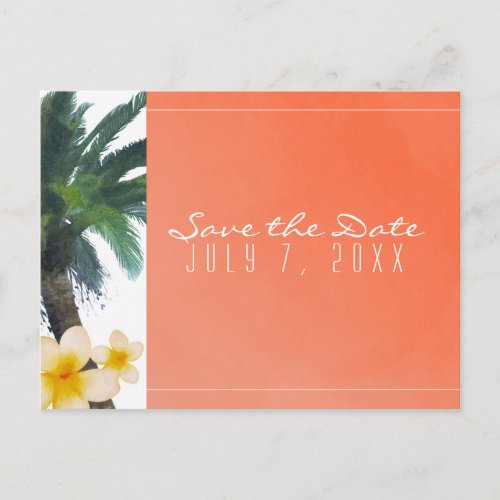 Orange Tropical Palm Tree  Plumeria Save the Date Announcement Postcard