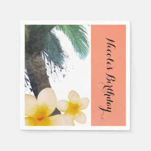 Orange Tropical Palm Tree & Plumeria Summer Party Paper Napkins