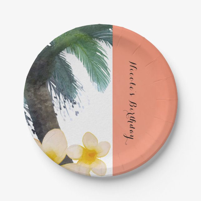 Orange Tropical Palm Tree & Plumeria Summer Party Paper Plates (Front)