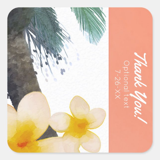 Orange Tropical Palm Tree & Plumeria Summer Party Square Sticker (Front)