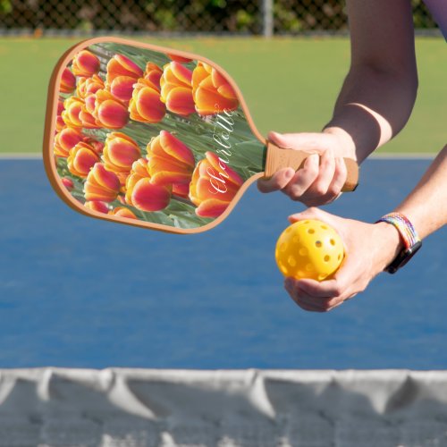 Orange Tulip Blooms with Name Floral Pickleball Paddle