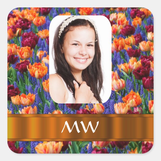 Orange tulip personalized photo square sticker (Front)