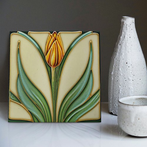 Orange Tulip Wall Decor Art Nouveau Art Deco Ceramic Tile