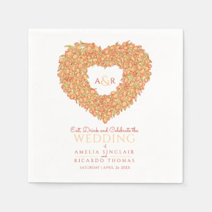 Orange tulip wreath ink drawing monogram wedding napkins