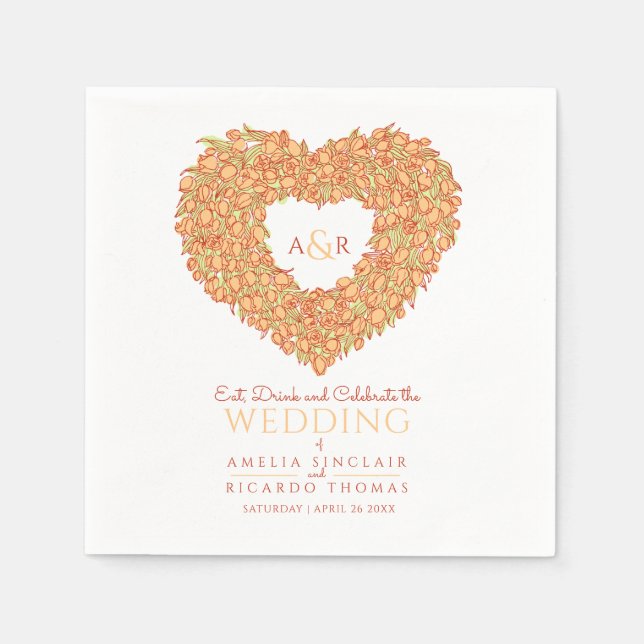 Orange tulip wreath ink drawing monogram wedding napkins (Front)