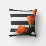 Orange Tulips &amp; Black White Stripes Outdoor Pillow at Zazzle