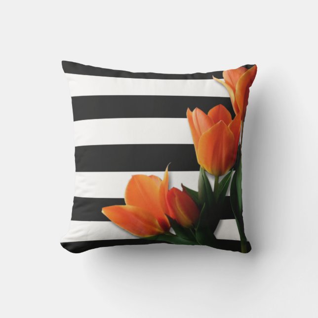 Orange Tulips & Black White Stripes Outdoor Pillow (Front)