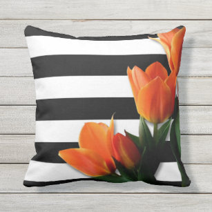 Orange Tulips & Black White Stripes Outdoor Pillow