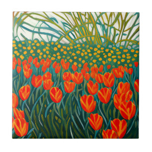 Orange Tulips Field Floral Ceramic Tile