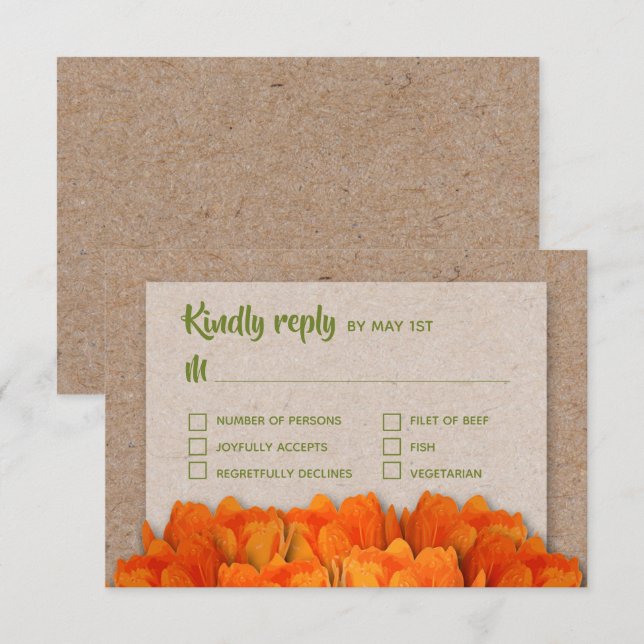Orange Tulips on Kraft Wedding RSVP Cards (Front/Back)