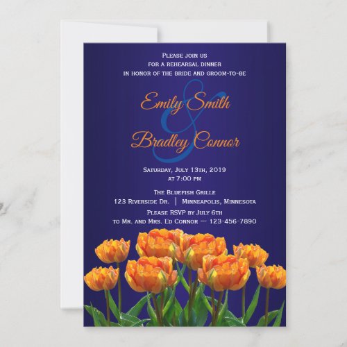 Orange Tulips on Navy Blue Custom Rehearsal Dinner Invitation