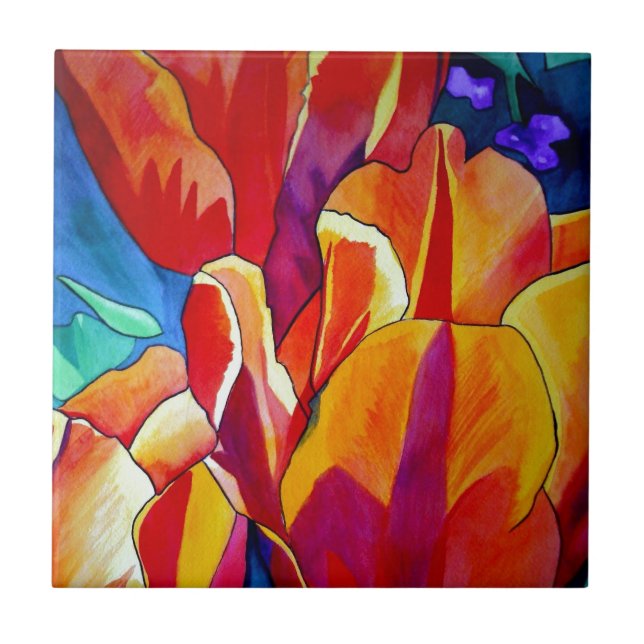 Orange Tulips watercolor art flower painting Ceramic Tile (Front)