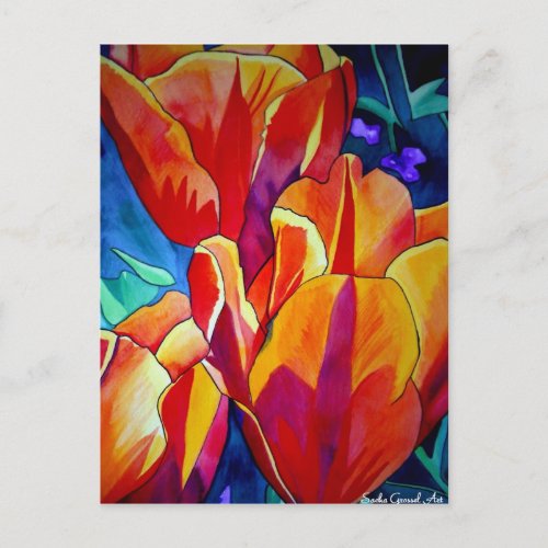 Orange Tulips watercolor art flower painting Postcard