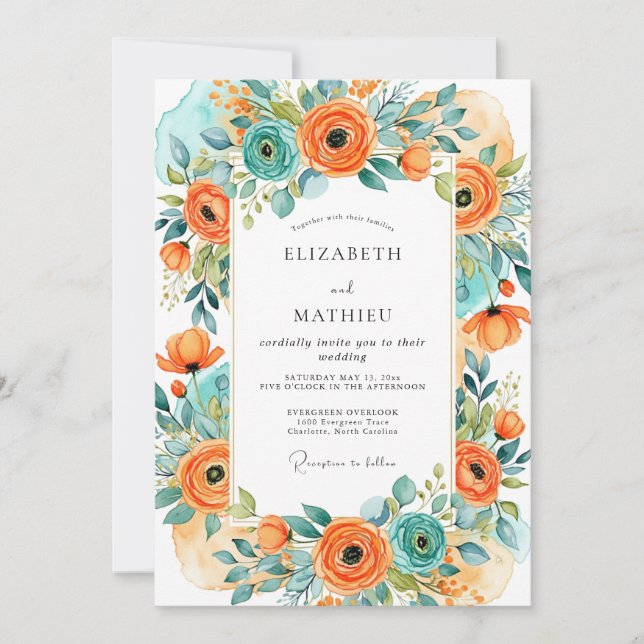 Orange Turquoise Alluring Summer Wedding Invitation (Front)