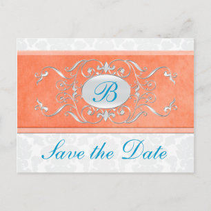 Orange, Turquoise, and Gray Damask Save the Date Announcement Postcard
