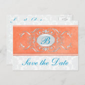 Orange, Turquoise, and Gray Damask Save the Date Announcement Postcard (Front/Back)