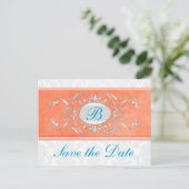 Orange, Turquoise, and Gray Damask Save the Date Announcement Postcard (Standing Front)