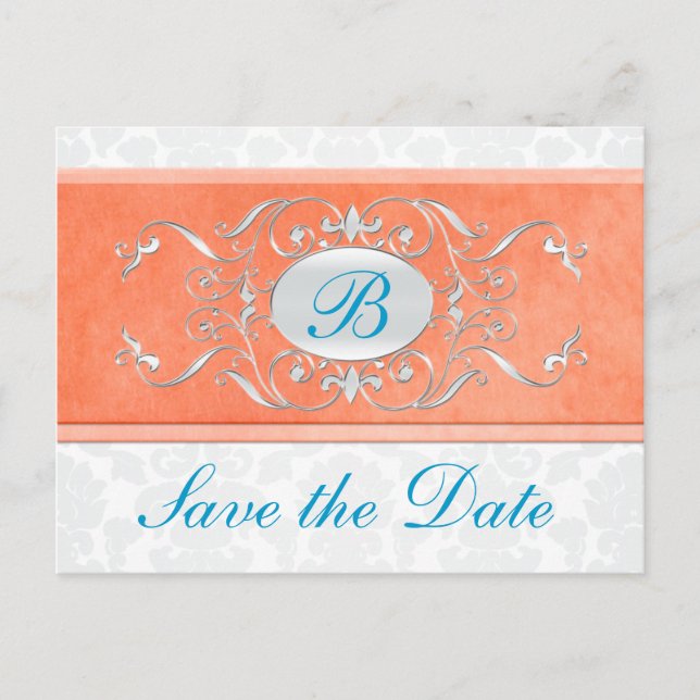 Orange, Turquoise, and Gray Damask Save the Date Announcement Postcard (Front)