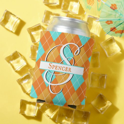 Orange  Turquoise Argyle _ Personalize Your Style Can Cooler