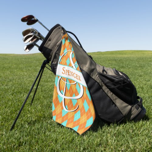 Orange  Turquoise Argyle _ Personalize Your Style Golf Towel