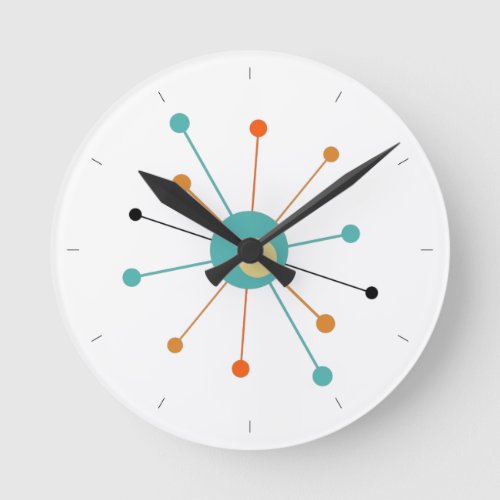 Orange Turquoise Atomic Age Starburst Mid Century Round Clock