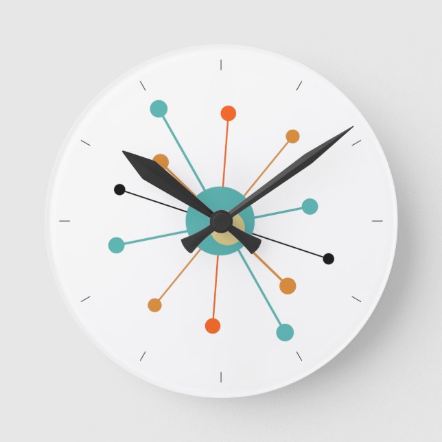Orange Turquoise Atomic Age Starburst Mid Century Round Clock (Front)