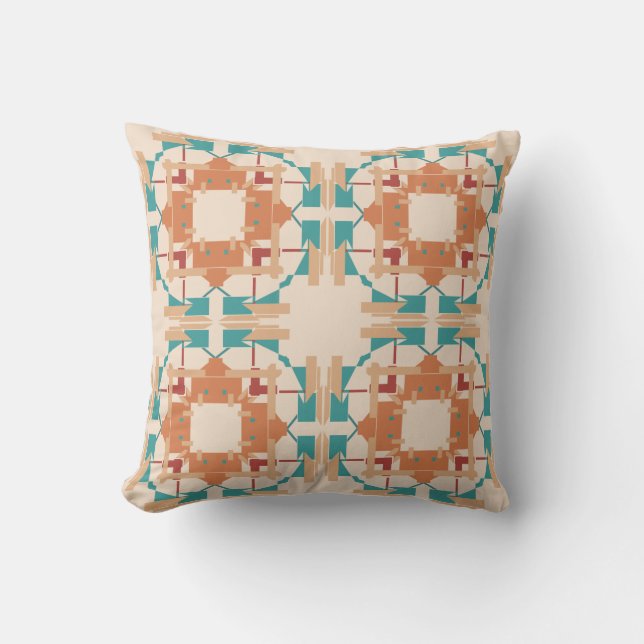 Orange Turquoise Beige Southwest Look Tribal Art Throw Pillow (Front)
