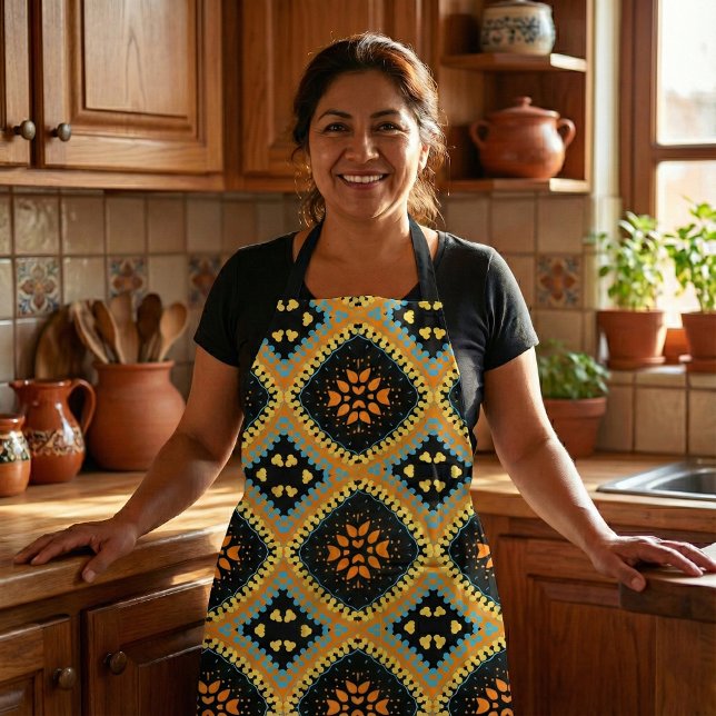 Orange Turquoise Black Ethnic Boho Pattern Apron (Creator Uploaded)