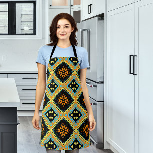 Orange Turquoise Black Ethnic Boho Pattern Apron