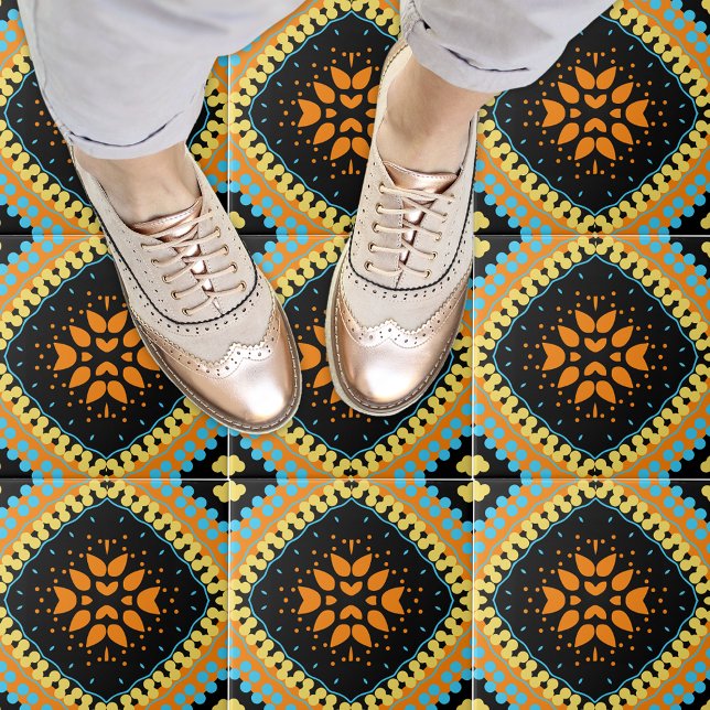 Orange Turquoise Black Ethnic Oriental Boho Ceramic Tile (Creator Uploaded)