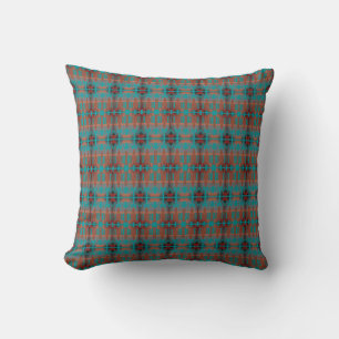 Orange Turquoise Black Mediterranean Small Tiles Throw Pillow