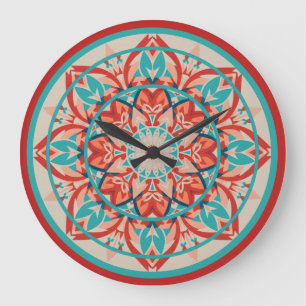 Orange & Turquoise Boho Mandala  Large Clock